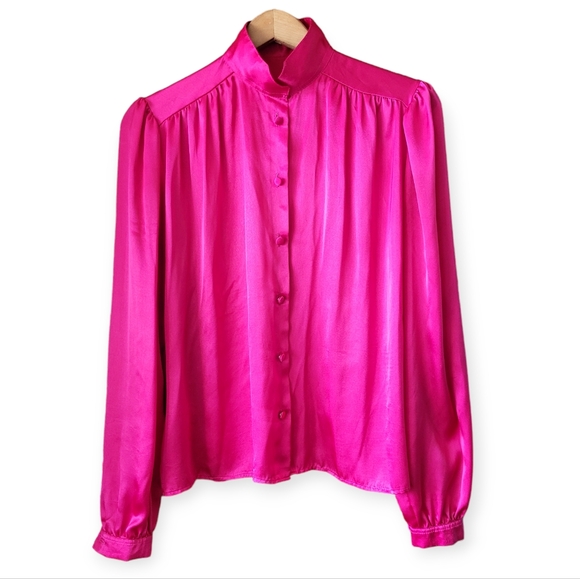 Vintage 80s Satin Effect Blouse in Hot Pink size medium - Picture 1 of 16